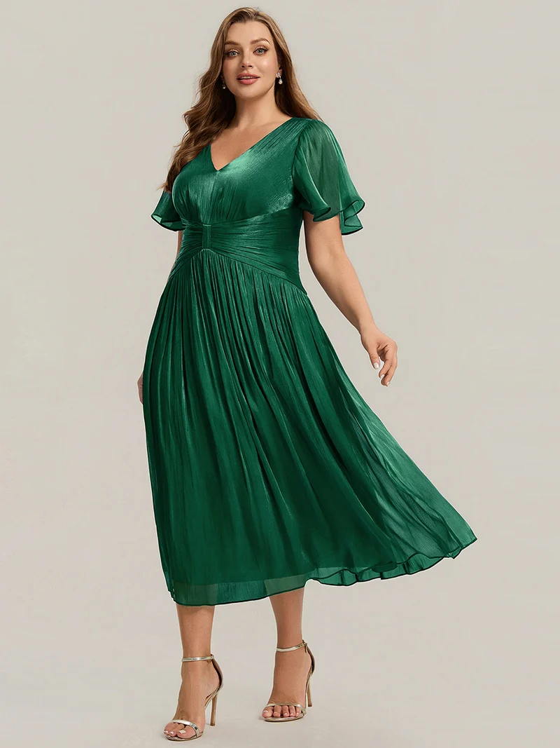 Robe midi à manches courtes avec volants en V et détails froncés