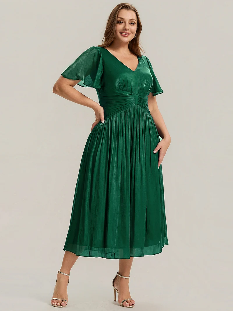 Robe midi à manches courtes avec volants en V et détails froncés