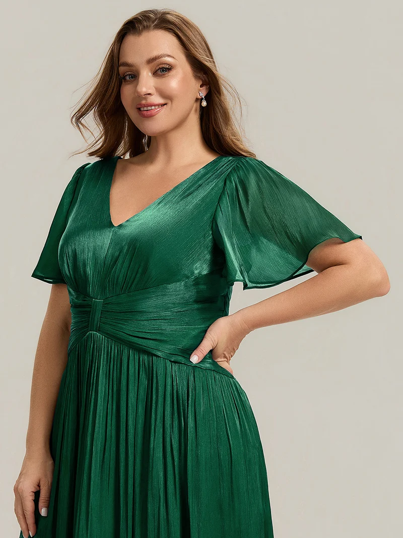 Robe midi à manches courtes avec volants en V et détails froncés