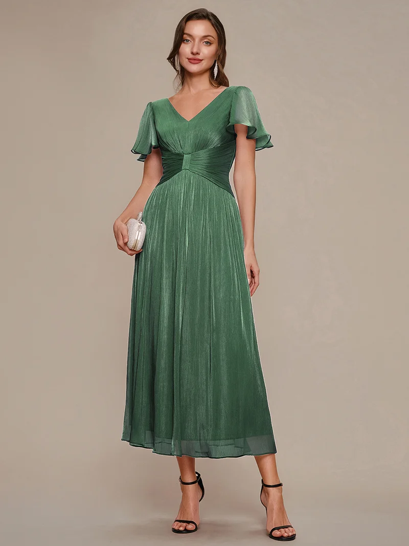 Robe midi à manches courtes avec volants en V et détails froncés
