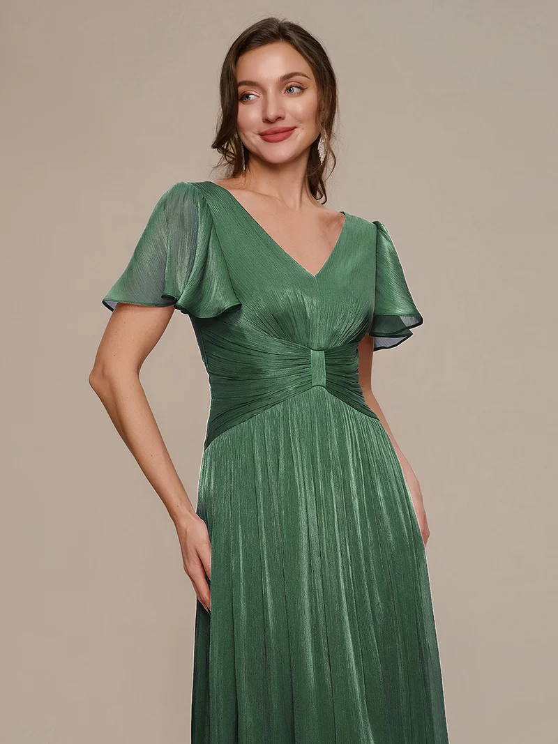 Robe midi à manches courtes avec volants en V et détails froncés