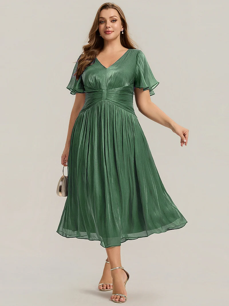 Robe midi à manches courtes avec volants en V et détails froncés