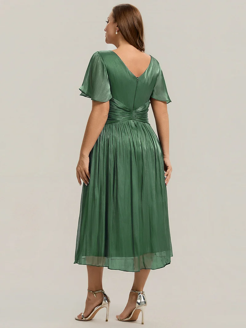 Robe midi à manches courtes avec volants en V et détails froncés