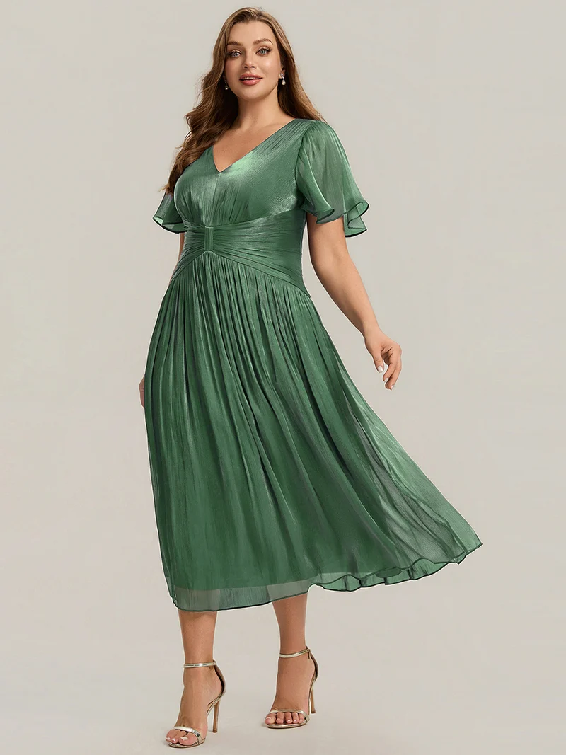 Robe midi à manches courtes avec volants en V et détails froncés