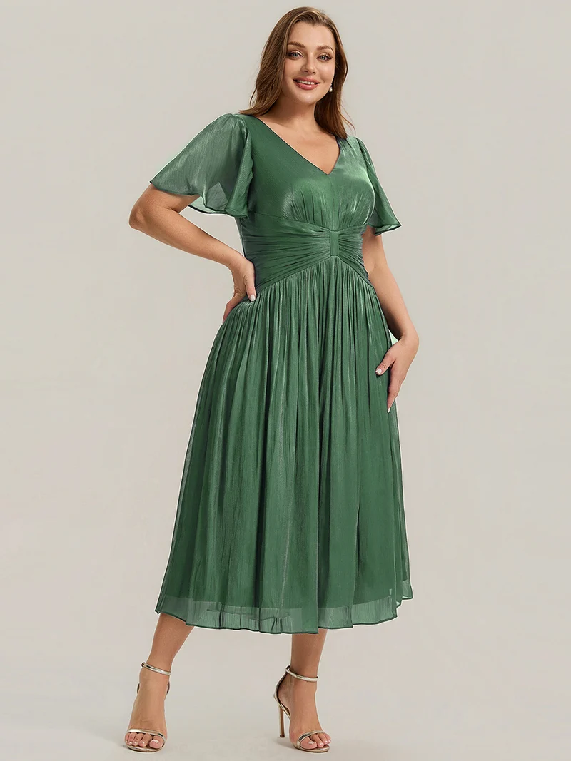 Robe midi à manches courtes avec volants en V et détails froncés