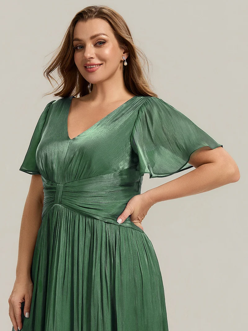 Robe midi à manches courtes avec volants en V et détails froncés