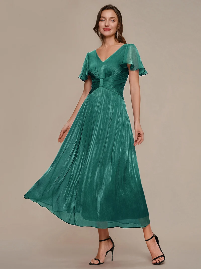 Robe midi à manches courtes avec volants en V et détails froncés
