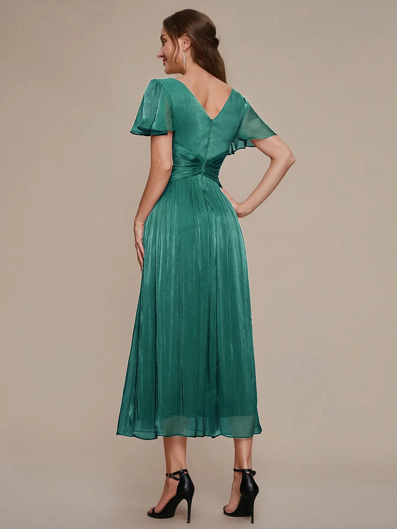 Robe midi à manches courtes avec volants en V et détails froncés