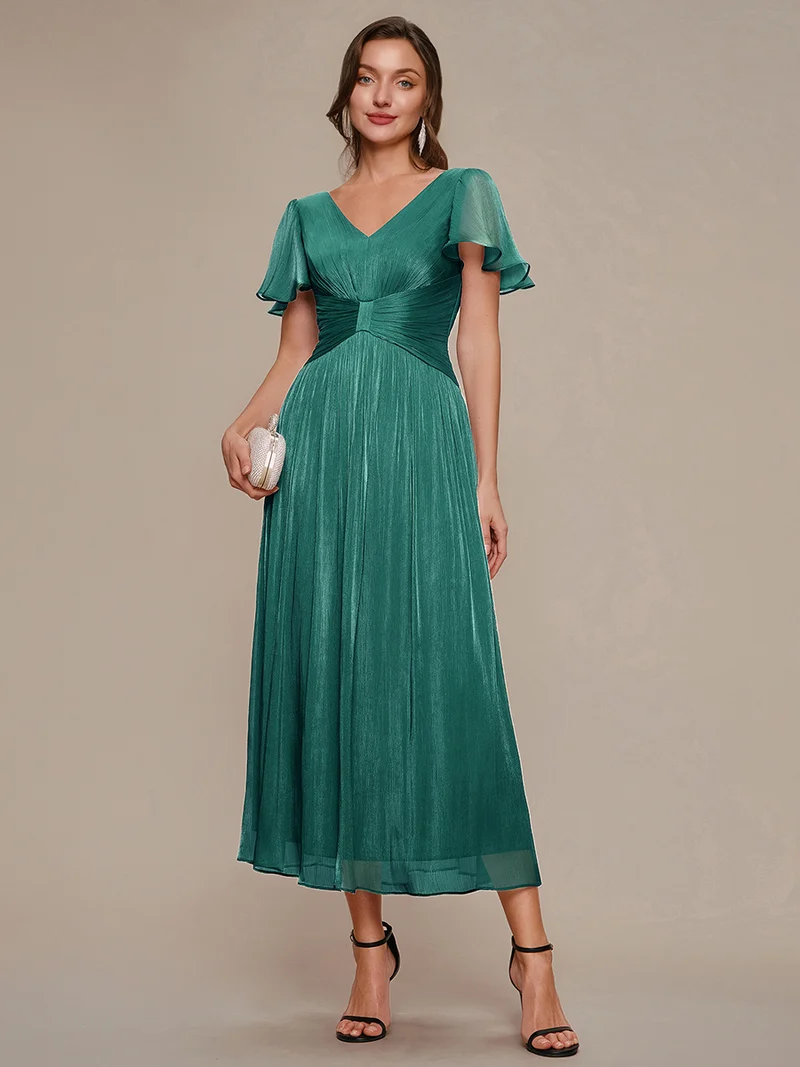 Robe midi à manches courtes avec volants en V et détails froncés