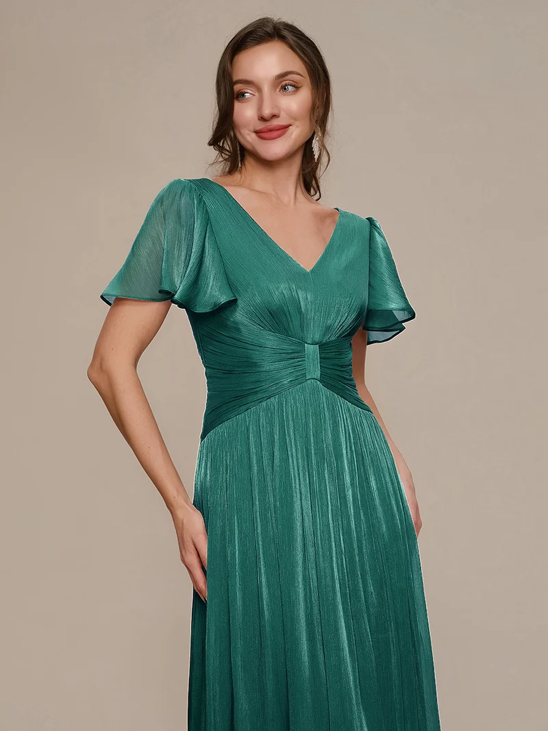 Robe midi à manches courtes avec volants en V et détails froncés