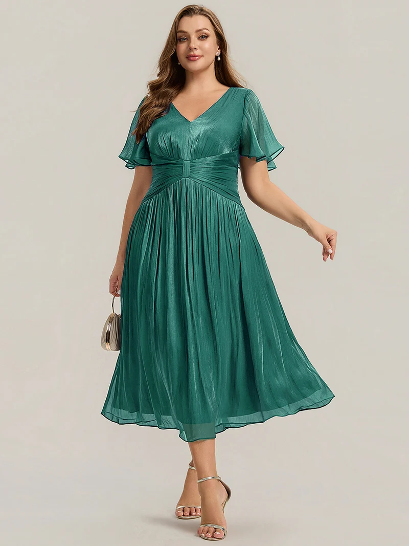 Robe midi à manches courtes avec volants en V et détails froncés