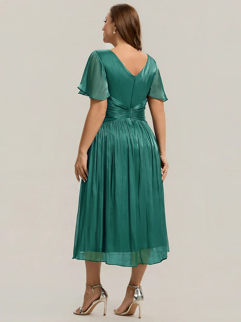Robe midi à manches courtes avec volants en V et détails froncés