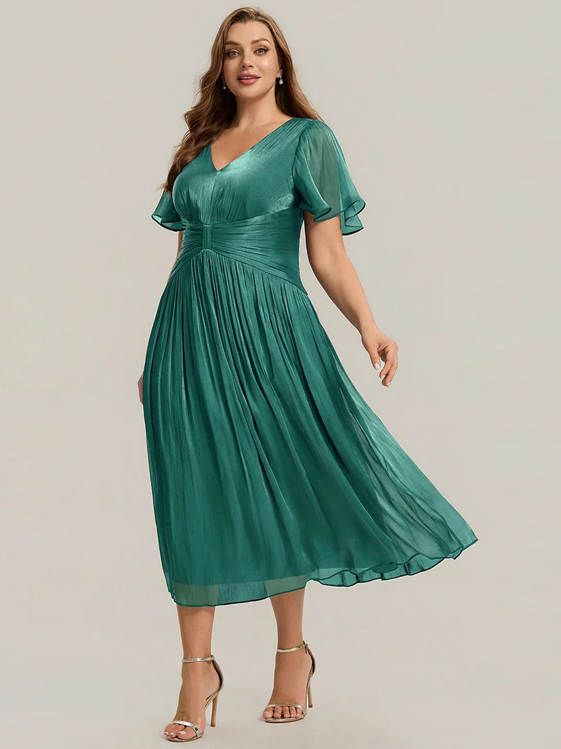 Robe midi à manches courtes avec volants en V et détails froncés