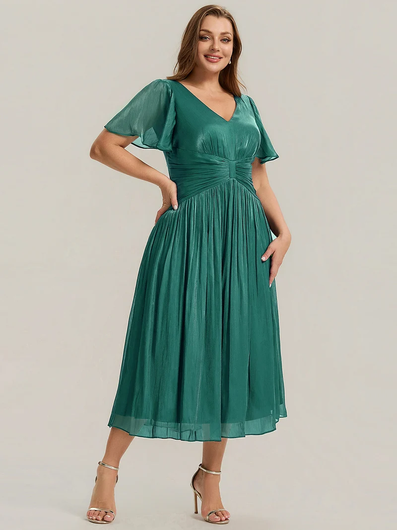 Robe midi à manches courtes avec volants en V et détails froncés