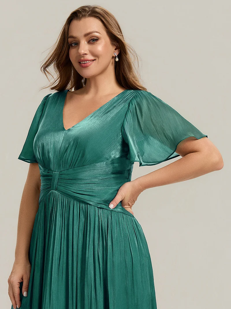 Robe midi à manches courtes avec volants en V et détails froncés