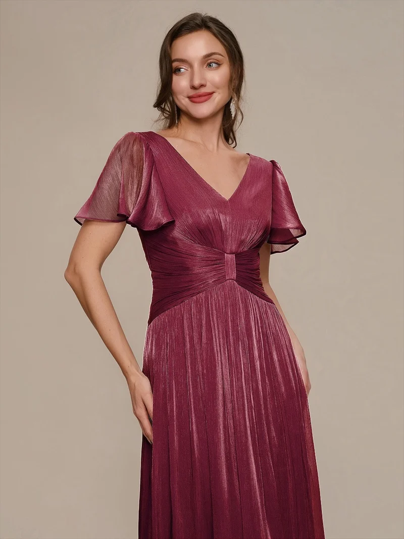 Robe midi à manches courtes avec volants en V et détails froncés