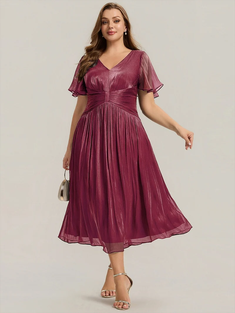 Robe midi à manches courtes avec volants en V et détails froncés