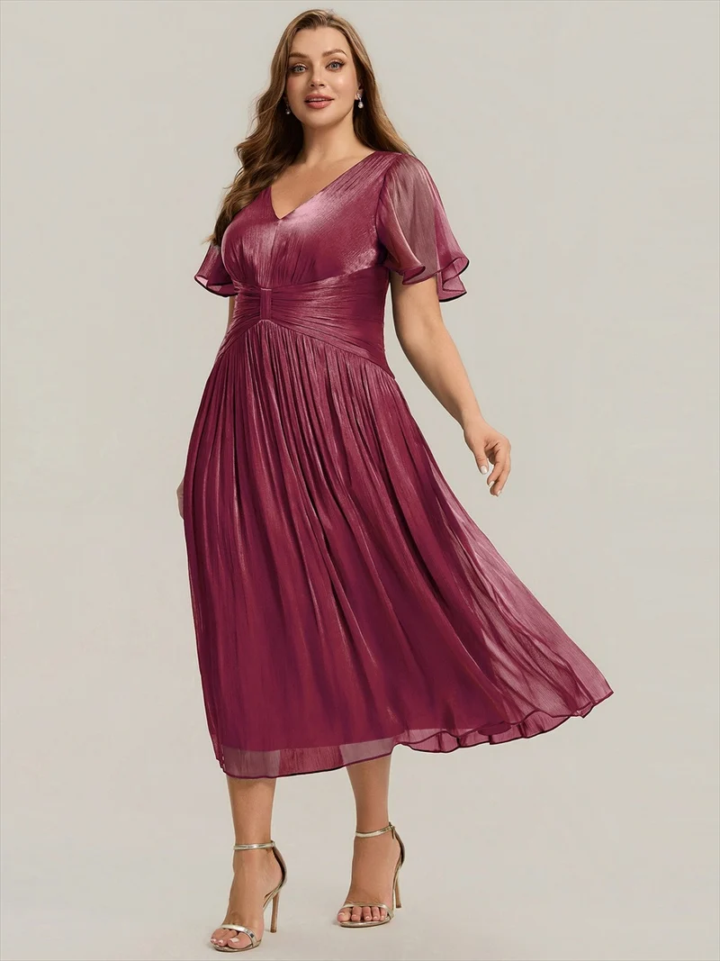 Robe midi à manches courtes avec volants en V et détails froncés