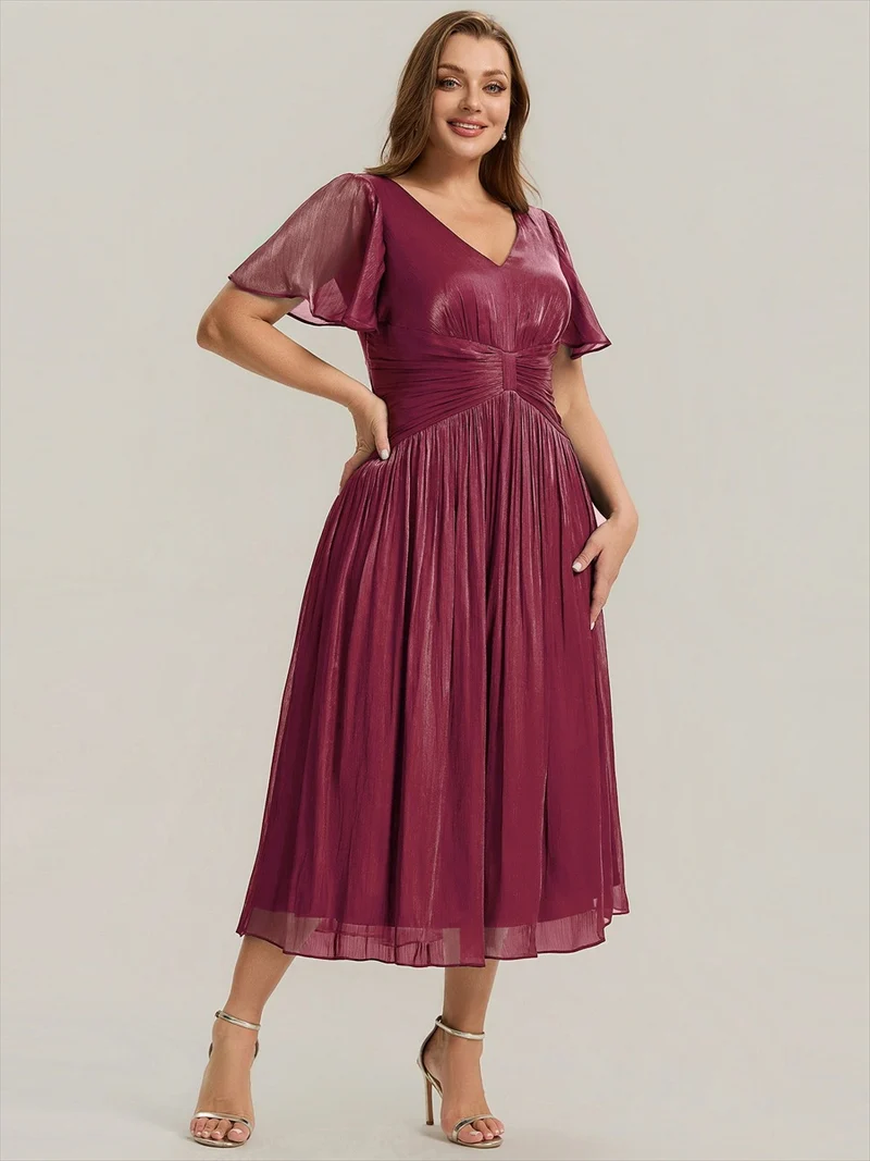 Robe midi à manches courtes avec volants en V et détails froncés