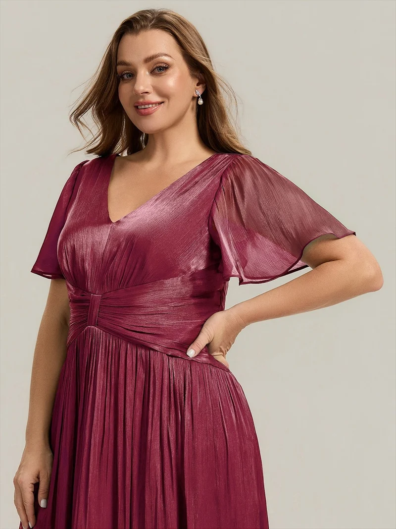 Robe midi à manches courtes avec volants en V et détails froncés