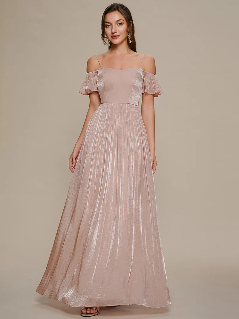 Robe longue évasée à manches courtes décolletée épaules nues