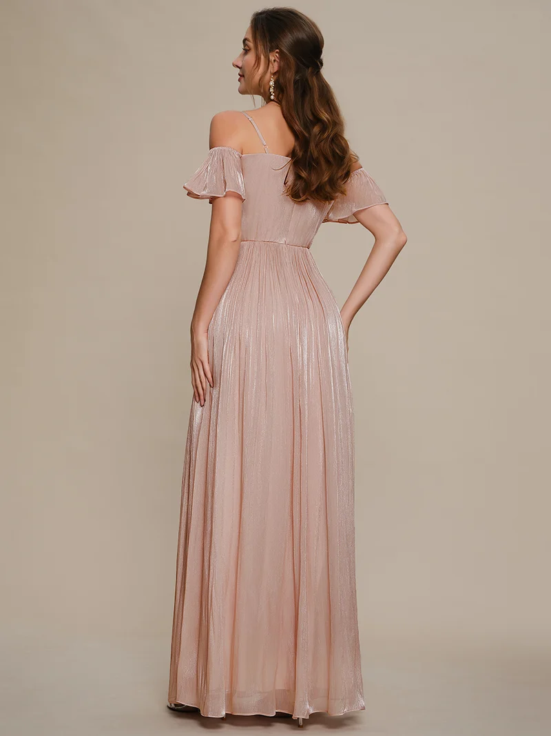 Robe longue évasée à manches courtes décolletée épaules nues
