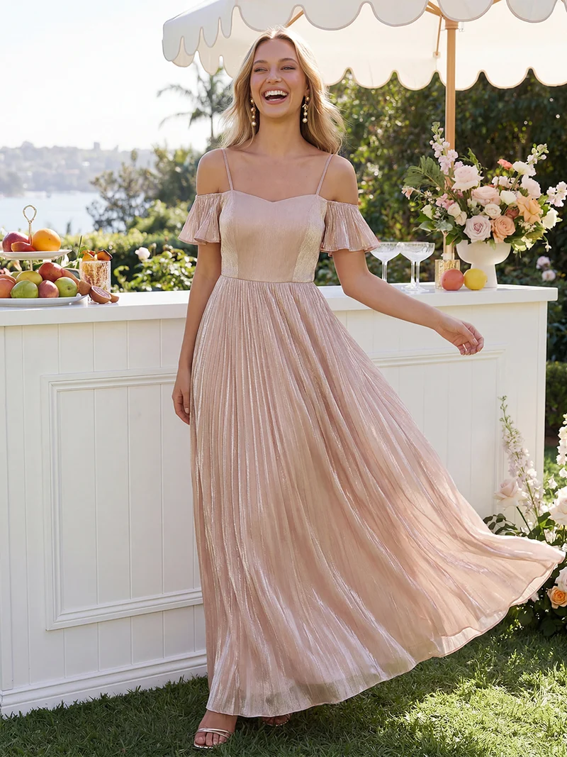Robe longue évasée à manches courtes décolletée épaules nues