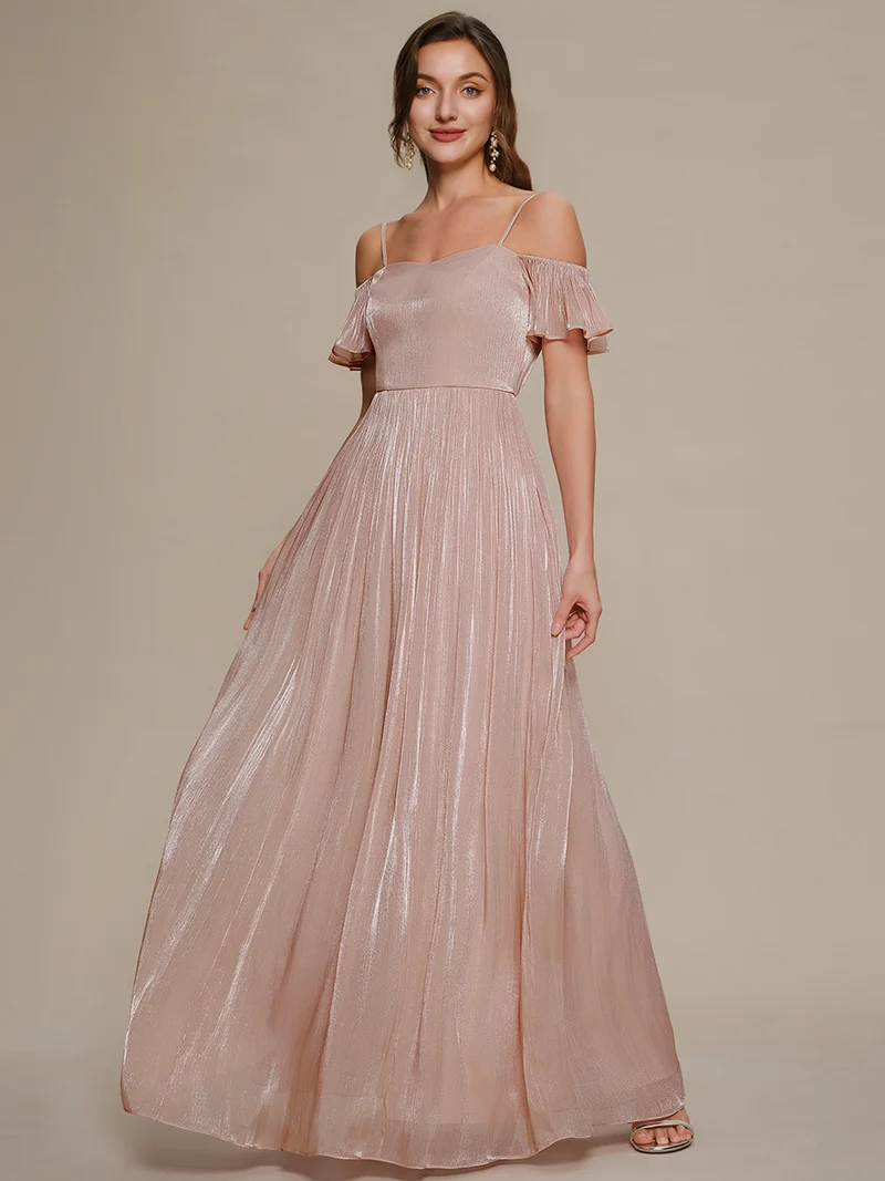 Robe longue évasée à manches courtes décolletée épaules nues