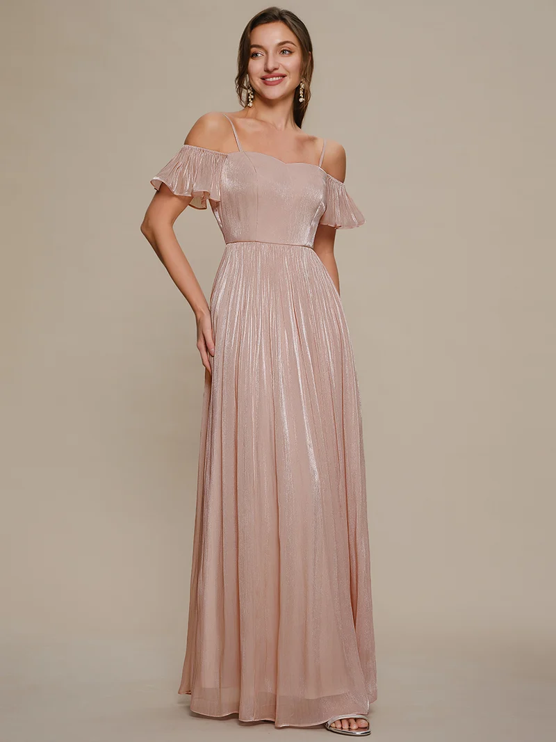 Robe longue évasée à manches courtes décolletée épaules nues
