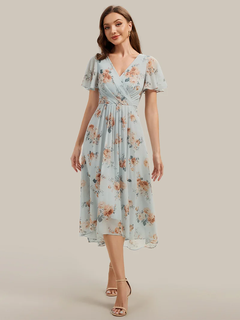Robe à volants à imprimé pois à manches courtes, décolleté en V asymétrique, coupe A-line