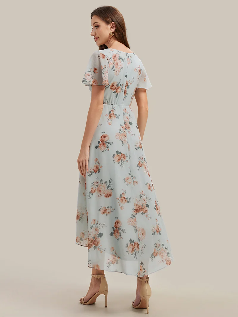 Robe à volants à imprimé pois à manches courtes, décolleté en V asymétrique, coupe A-line