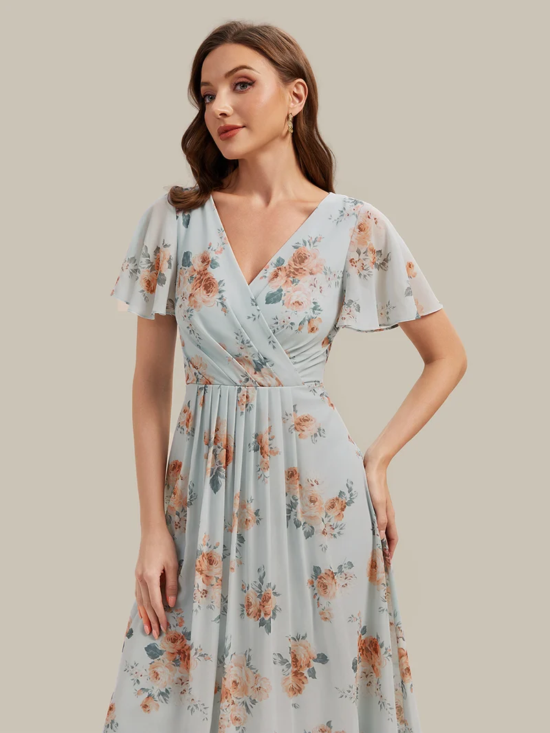 Robe à volants à imprimé pois à manches courtes, décolleté en V asymétrique, coupe A-line