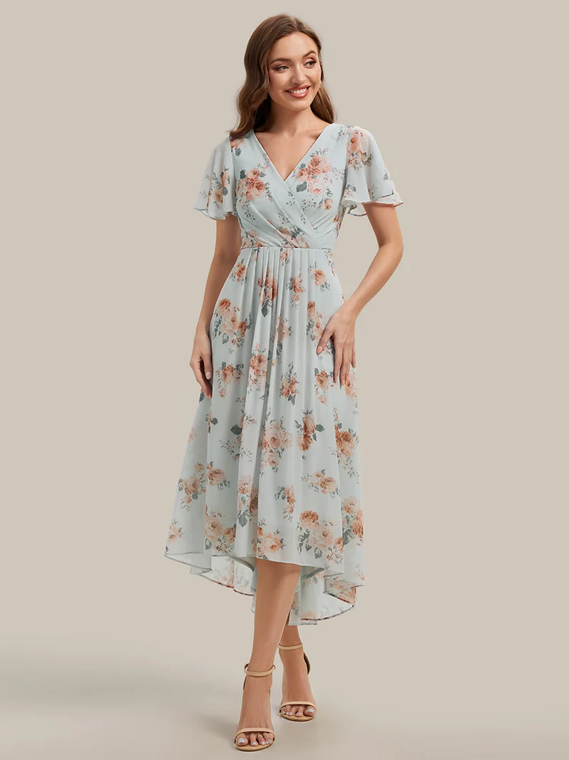 Robe à volants à imprimé pois à manches courtes, décolleté en V asymétrique, coupe A-line
