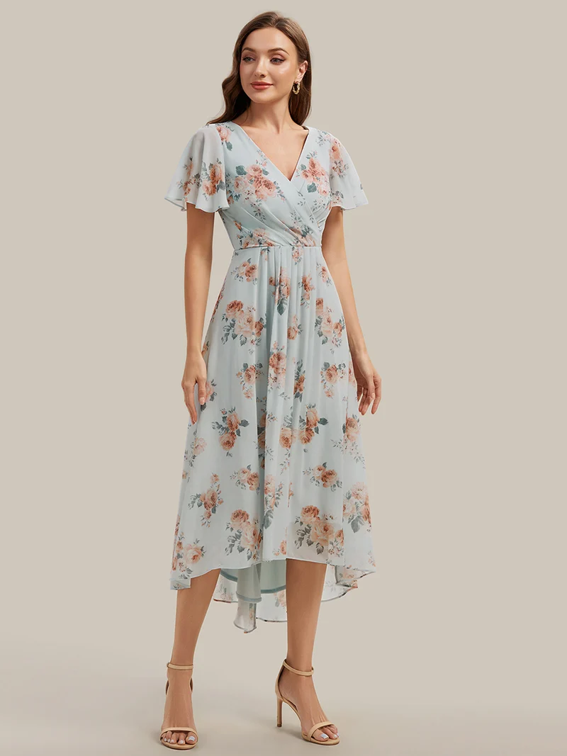Robe à volants à imprimé pois à manches courtes, décolleté en V asymétrique, coupe A-line