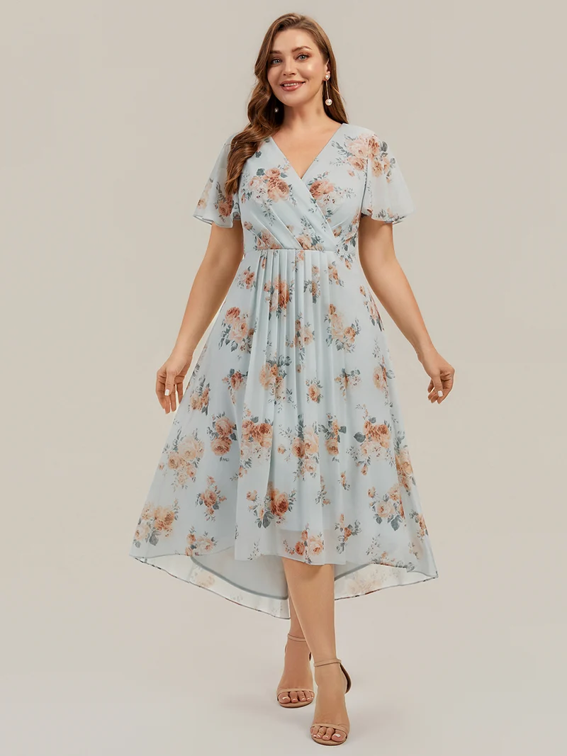 Robe à volants à imprimé pois à manches courtes, décolleté en V asymétrique, coupe A-line