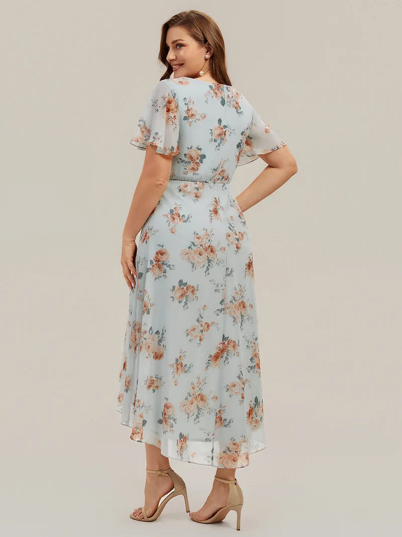 Robe à volants à imprimé pois à manches courtes, décolleté en V asymétrique, coupe A-line