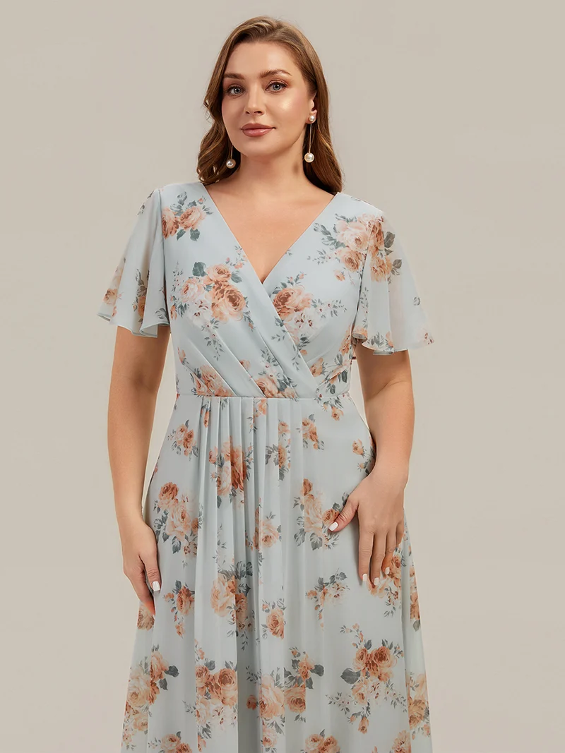 Robe à volants à imprimé pois à manches courtes, décolleté en V asymétrique, coupe A-line