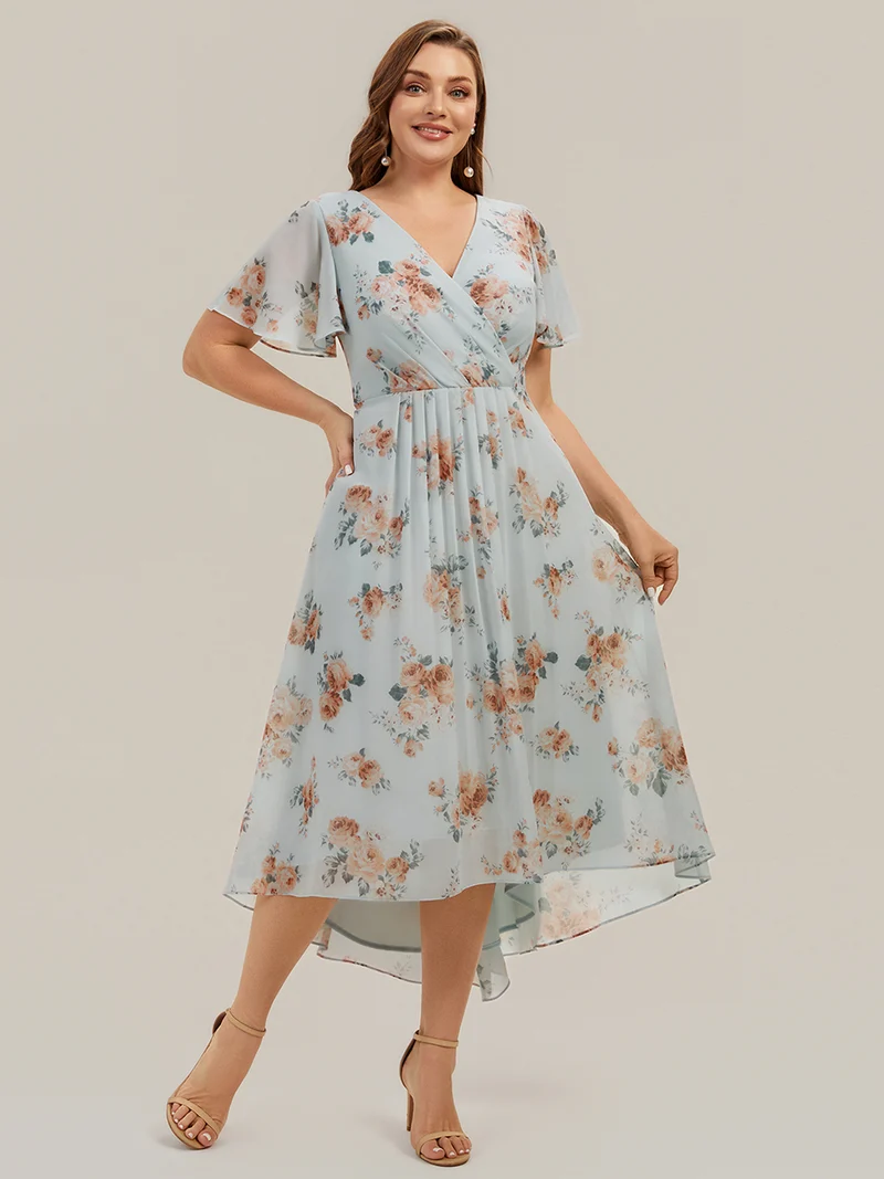 Robe à volants à imprimé pois à manches courtes, décolleté en V asymétrique, coupe A-line