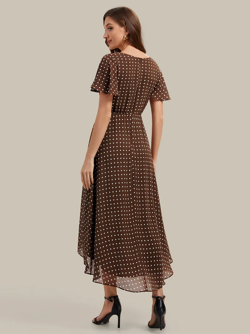 Robe à volants à imprimé pois à manches courtes, décolleté en V asymétrique, coupe A-line