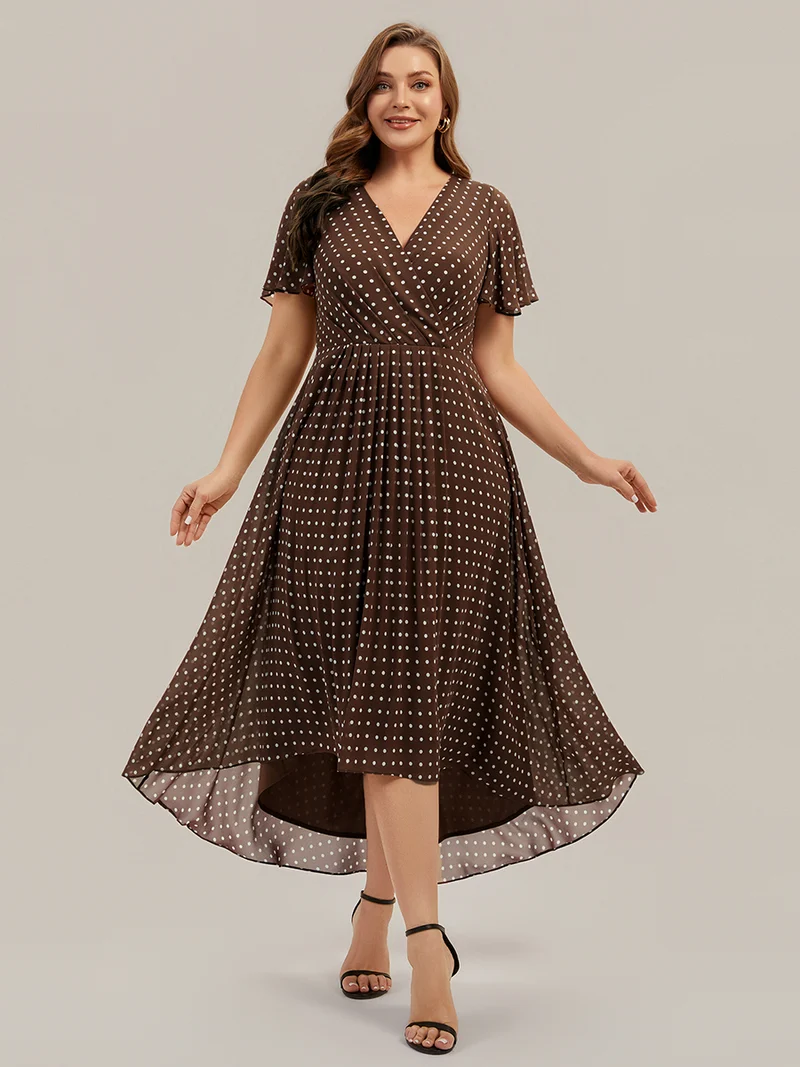 Robe à volants à imprimé pois à manches courtes, décolleté en V asymétrique, coupe A-line
