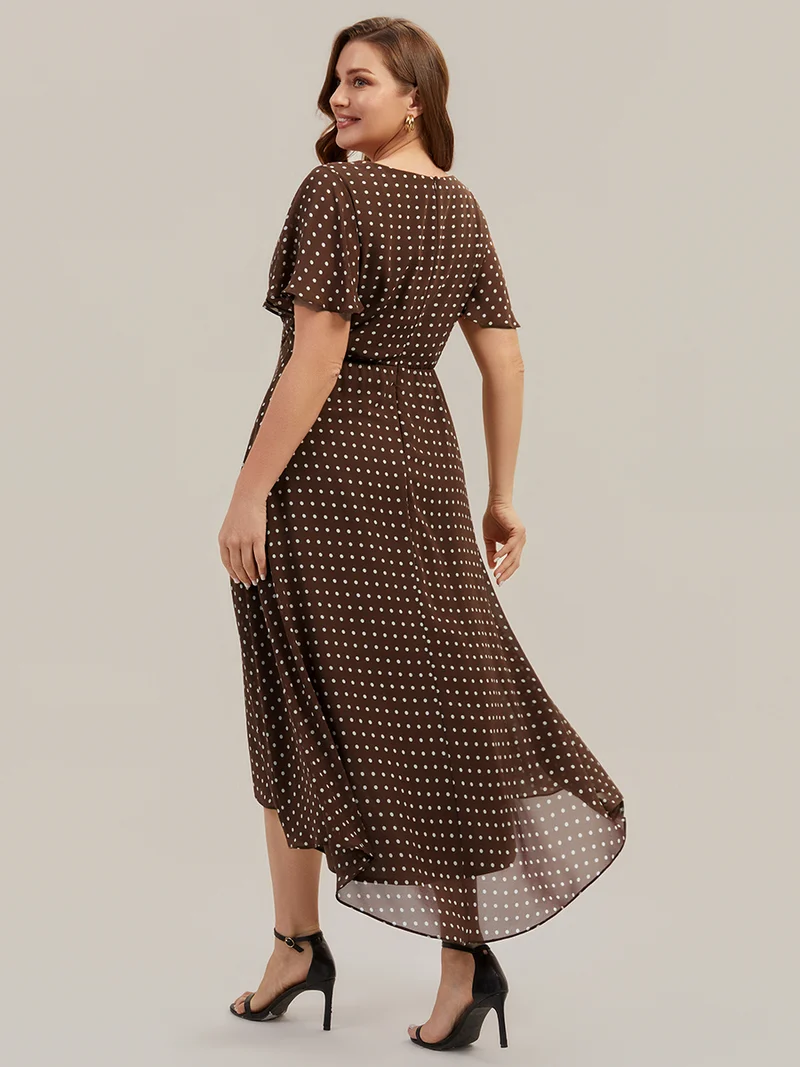 Robe à volants à imprimé pois à manches courtes, décolleté en V asymétrique, coupe A-line