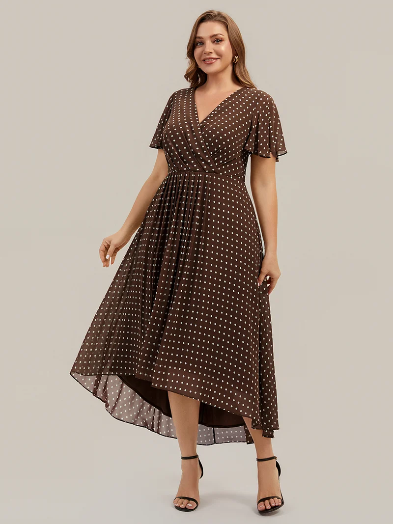 Robe à volants à imprimé pois à manches courtes, décolleté en V asymétrique, coupe A-line