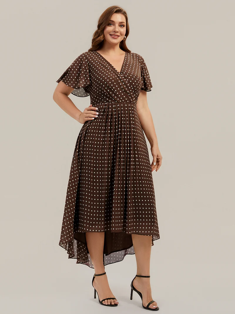 Robe à volants à imprimé pois à manches courtes, décolleté en V asymétrique, coupe A-line