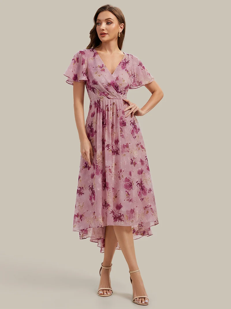 Robe à volants à imprimé pois à manches courtes, décolleté en V asymétrique, coupe A-line