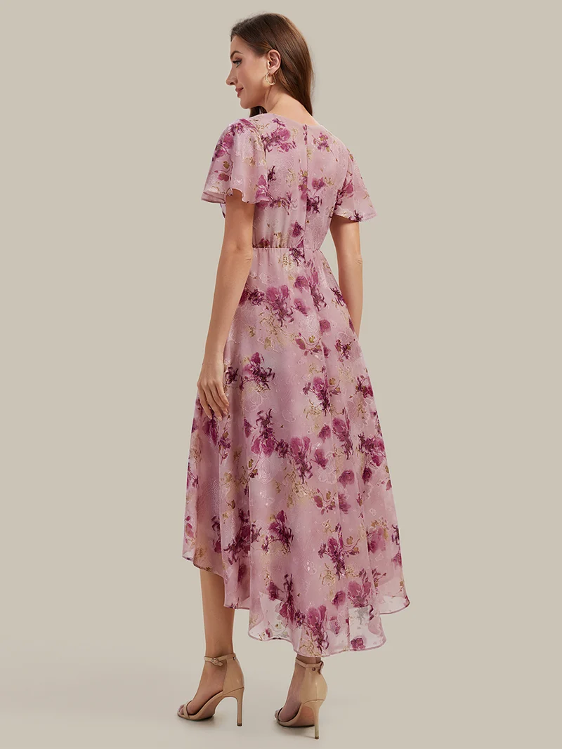 Robe à volants à imprimé pois à manches courtes, décolleté en V asymétrique, coupe A-line