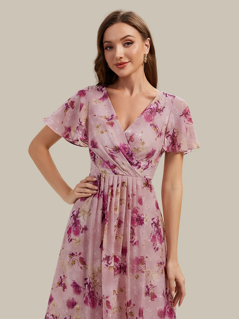 Robe à volants à imprimé pois à manches courtes, décolleté en V asymétrique, coupe A-line
