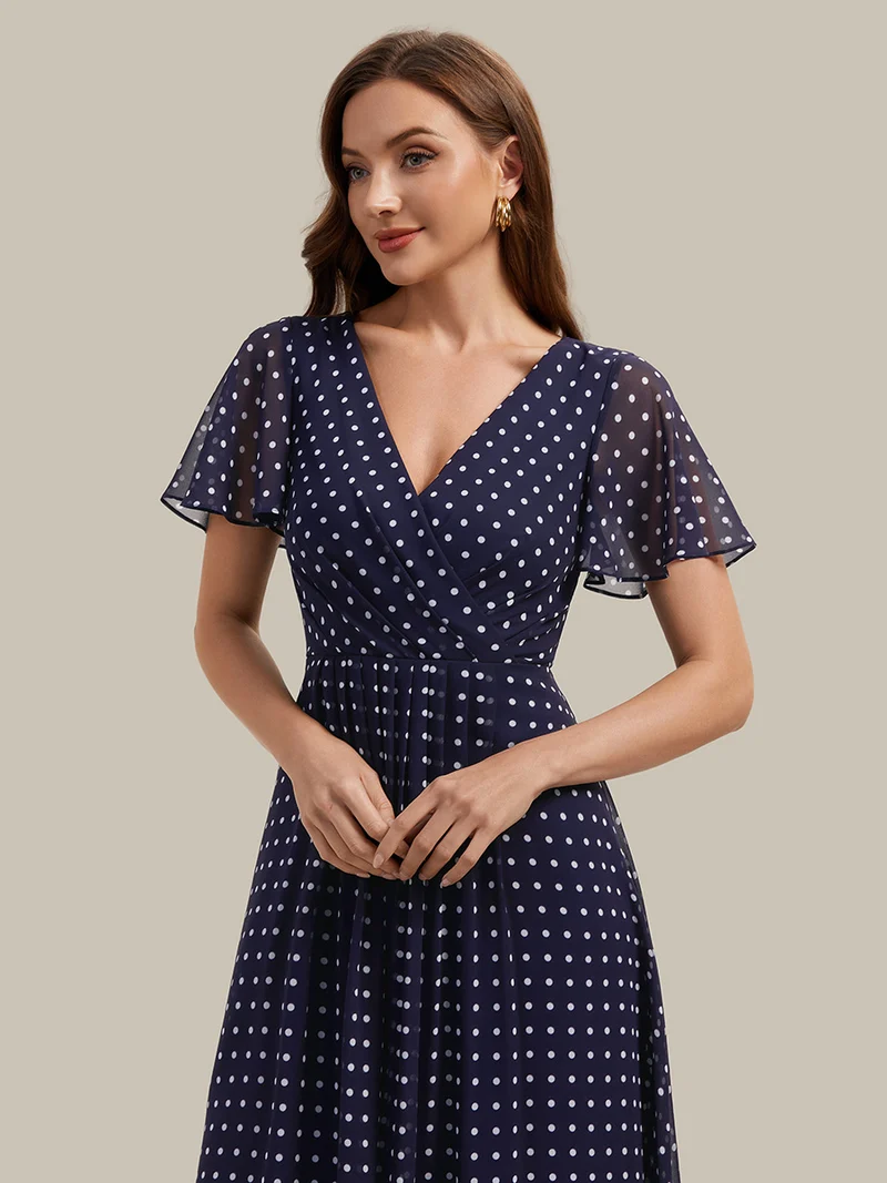 Robe à volants à imprimé pois à manches courtes, décolleté en V asymétrique, coupe A-line
