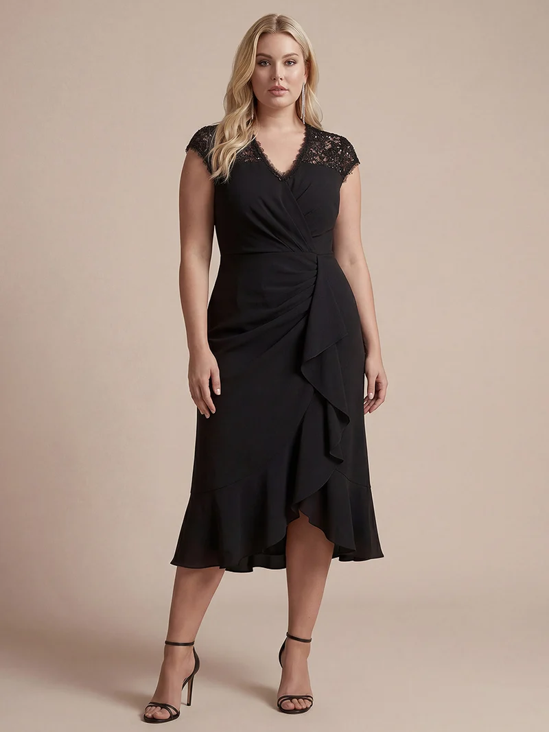 Robe midi sirène à volants en sequins à manches courtes avec décolleté croisé