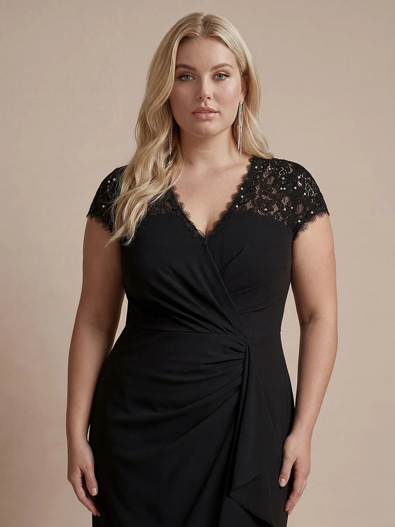 Robe midi sirène à volants en sequins à manches courtes avec décolleté croisé