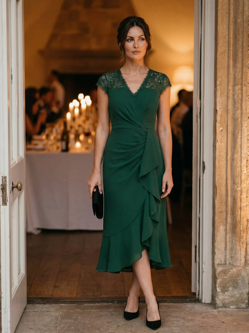 Robe midi sirène à volants en sequins à manches courtes avec décolleté croisé